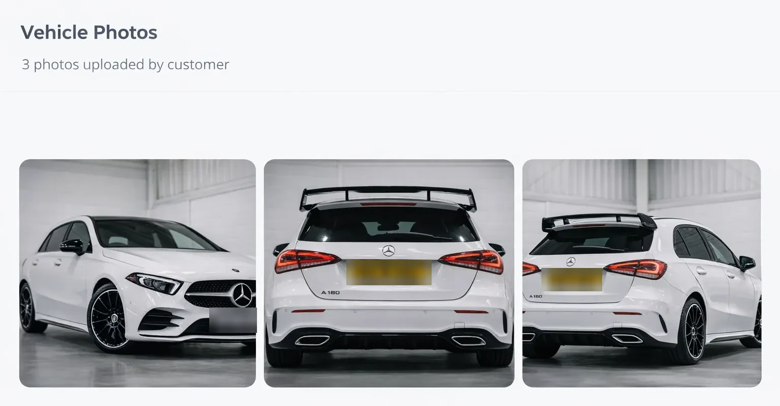 Appraisal Hub Vehicle Photos panel: 3 photos uploaded by the customer of a white Mercedes-Benz A-Class, front, rear and rear three-quarter, with number plates blurred