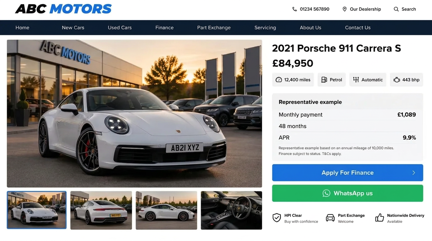 A Storefront vehicle detail page with a representative finance example, Apply For Finance and WhatsApp buttons