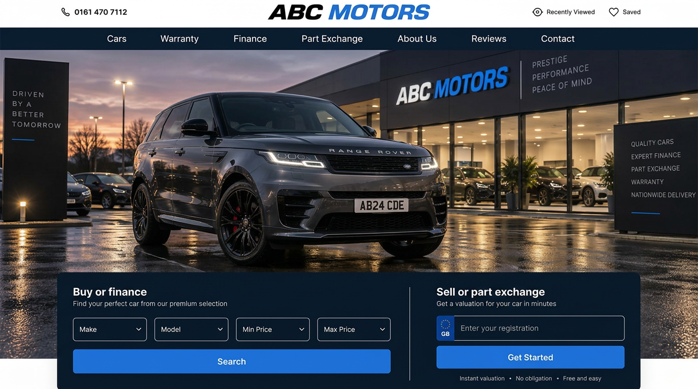 A Storefront dealer homepage with a search for buying or financing a car and a part-exchange form