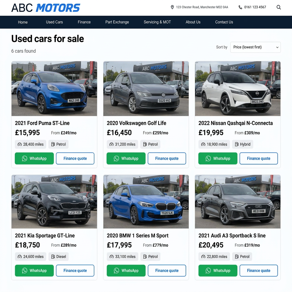 Storefront search results listing cars with prices, key details, WhatsApp and finance quote buttons