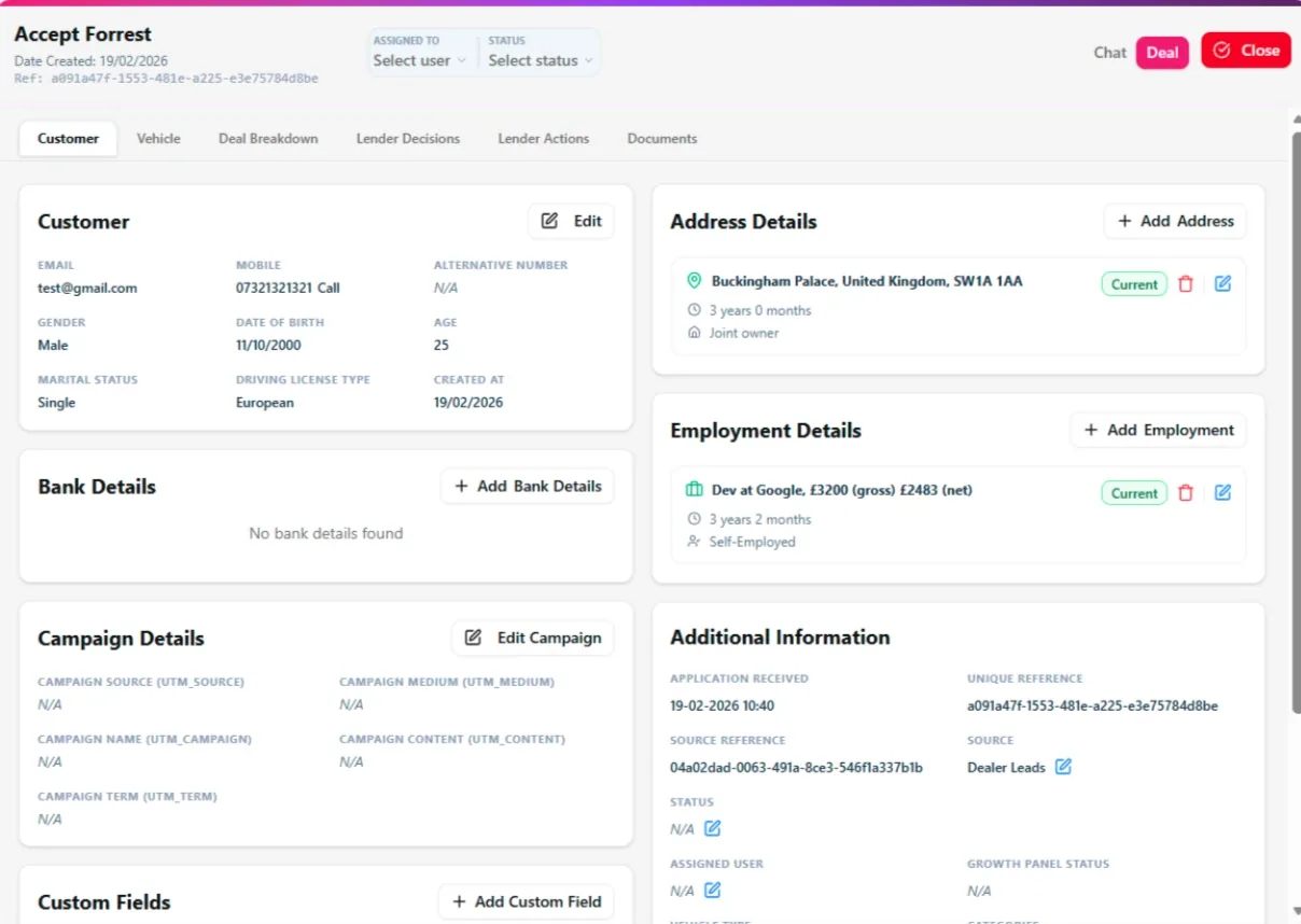 Finance deal structuring screen with deposit, term and monthly payment