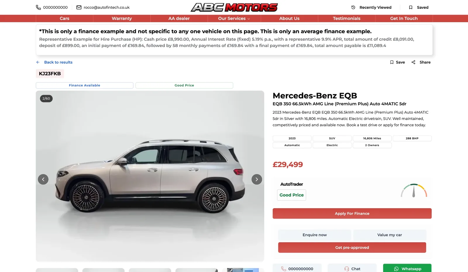 A Storefront vehicle detail page with a representative finance example, Apply For Finance and WhatsApp buttons