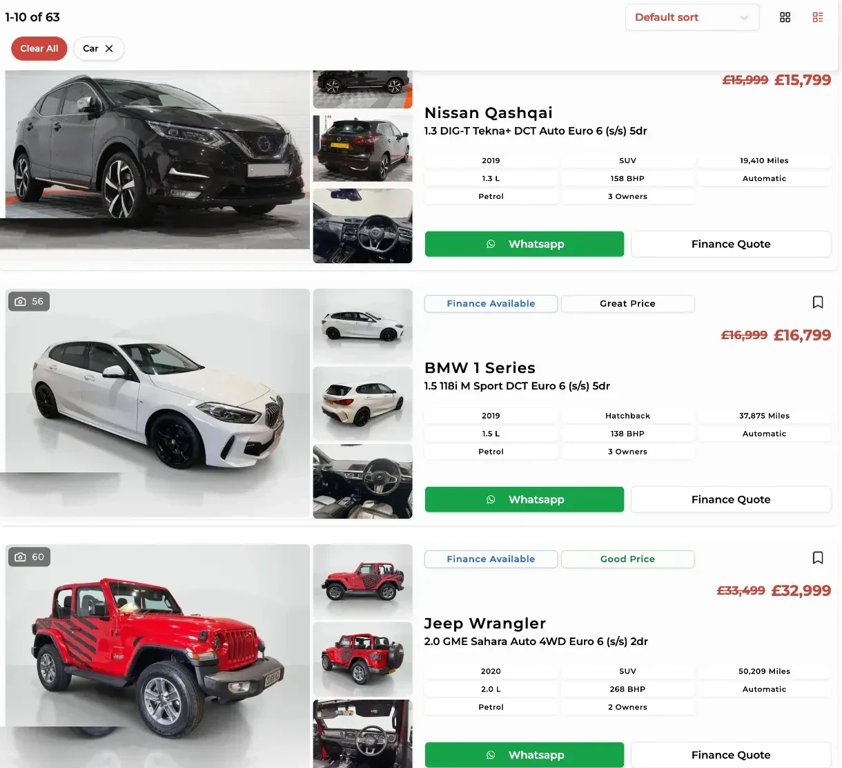 Storefront search results listing cars with prices, key details, WhatsApp and finance quote buttons