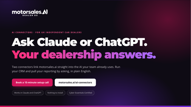 Cover of the AI Connectors dealer pack: ask ChatGPT, Claude or Grok, your dealership answers